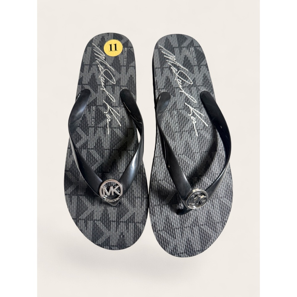 Michael Kors MK Monogram Jet Set Flip Flops Black Silver Sandals 11